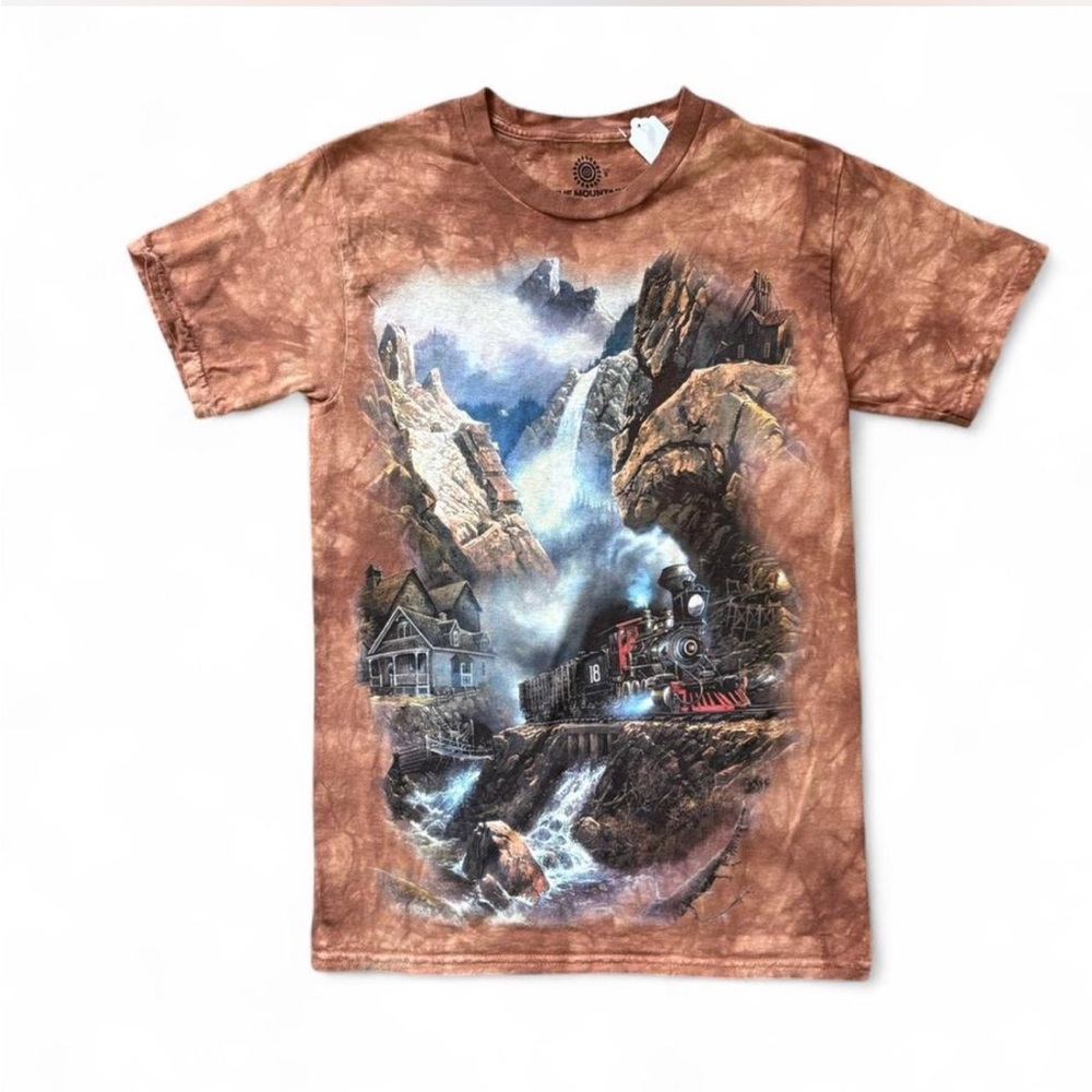 The Mountain Brown T-Shirt With Bustling Train and Winter Theme